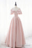 Pink Satin Long Prom Dress, Cute Off Shoulder Prom Dress