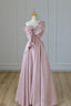 Pink Satin Long Prom Dress with Bow, One Shoulder Formal Prom Dress