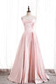 Pink Satin Long Prom Dress with Pearls, Pink Strapless Prom Dress