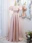 Pink Satin Short Sleeve Pearls V Neck Prom Dress