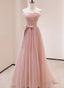 Pink Scoop Lace-Up Tulle Long Prom Dresses Pink Tulle Prom Dresseses