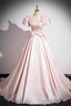 Pink Scoop Neckline Satin Floor Length Prom Dress, Pink Short Sleeve A-Line Party Dress
