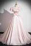 Pink Scoop Neckline Satin Floor Length Prom Dress, Pink Short Sleeve A Line Prom Dress