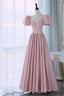 Pink Scoop Neckline Satin Prom Dress, Pink Floor Length Prom Dress