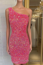 Pink Sequin One Shoulder Cutout Homecoming Dress Gala Dresses Short