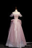 Pink Sequins Long A Line Prom Dress, Off the Shoulder Prom Prom Dress