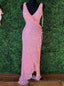 Pink Sequins V-neck Split Prom Dress