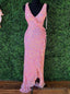 Pink Sequins V Neck Split Prom Dress
