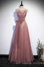 Pink Shiny Tulle Long A Line Prom Dress, Lovely Strapless Prom Dress