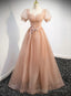 Pink Short Sleeves Tulle Prom Dress, A Line Flower Lace Prom Dress