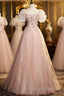 Pink Short Sleeves Tulle Sequins Long Prom Dresses Pink Tulle Prom Dresses