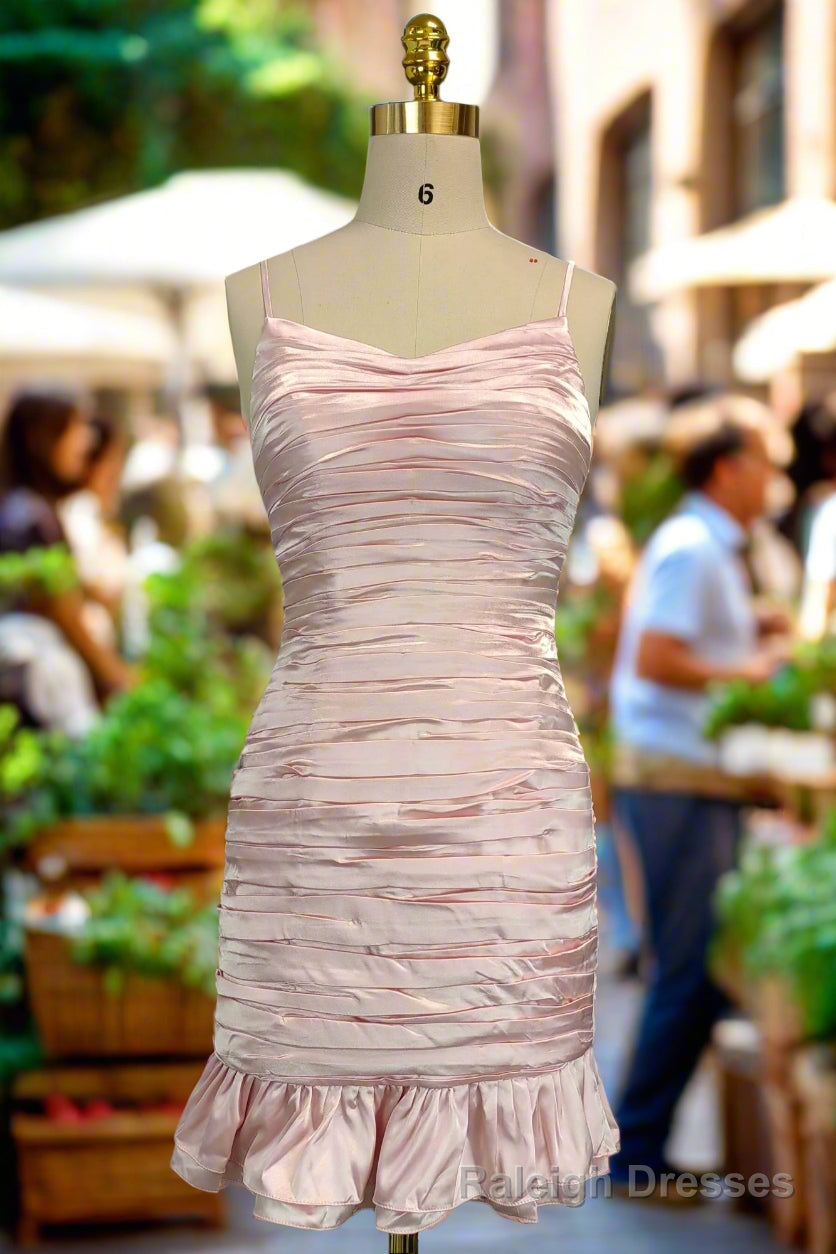 Pink - Sheath Satin Spaghetti Straps Homecoming Dress with Flowers main image 1