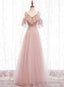 Pink Straps Lace Top Tulle Off Shoulder Prom Dresses, Pink A Line Formal Dresses