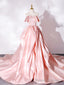 Pink Sweep Train Satin Long Prom Dress, Pink Formal Prom Dresses