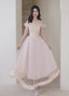 Pink Sweetheart Beaded Tea Length Tulle Homecoming Dresses Pink Tulle Short Prom Dresses