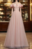 Pink Sweetheart Beaded Tulle Long Prom Dress, A-Line Pink Evening Dress