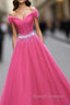 Pink Sweetheart Beaded Tulle Off Shoulder Long Prom Dress, Pink Formal Dresses