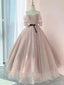 Pink Sweetheart-Neck Tulle Lace Half-Sleeve Prom Dresses, Pink Prom Dress