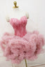 Pink Sweetheart Neck Tulle Prom Dress, A Line Short Prom Dress with Feather