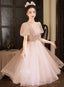 Pink Tea Length Tulle Short Sleeves Prom Dresses Pink Tulle Homecoming Dresses Prom Dresses