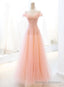 Pink Tulle A-line Long Prom Dress with Sequins, Off Shoulder Evening Dresses
