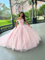 Pink Tulle Applique Prom Dresses Long Quinceanera Dresses Ball Gowns