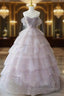 Pink Tulle Ball Gown Layers Long Party Dress, Pink Shiny Tulle Sweet 16 Dress