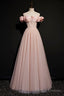Pink Tulle Beaded Long A Line Prom Dress, Pink Off the Shoulder Prom Dress