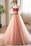 Pink Tulle Beaded Long Prom Dress, A Line Off Shoulder Prom Prom Dress