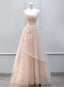 Pink Tulle Beaded Straps Long Prom Dress, A Line Pink Tulle Prom Dress