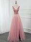 Pink Tulle Deep V Neck Backless Beading Sequins Prom Dress