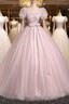 Pink Tulle Floral Floor Length Prom Dress, A-Line Short Sleeve Prom Dress