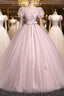 Pink Tulle Floral Floor Length Prom Dress, A-Line Short Sleeve Evening Dress