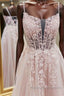 Pink tulle lace A line long prom dress, pink lace evening dress