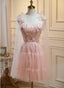 Pink Tulle Lace and Flowers Short Homecoming Dress, Cute Pink Prom Dress