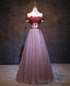 Pink Tulle Lace Applique Long Prom Dress, Burgundy Lace Prom Dress