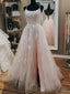 Pink Tulle Lace Appliques A Line Open Back Long Prom Dress, Pink Party Dress