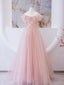 Pink Tulle Lace Beads Long Prom Dress, Pink A Line Evening Dress