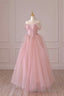Pink Tulle Lace Long Formal Dress, A Line Off Shoulder Pink Prom Dress