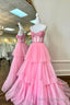 Pink Tulle Lace Long Prom Dress, A Line Spaghetti Strap Prom Prom Dress