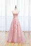 Pink Tulle Lace Long Prom Dress, Lovely A Line Open Back Prom Dress