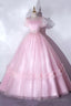Pink Tulle Lace Long Prom Dress, Lovely A Line Short Sleeve Prom Dress