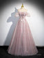Pink Tulle Lace Prom Dresses Long With Beaded A-Line Off The Shoulder Prom Dresses