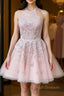Pink tulle lace short prom dress, pink tulle lace homecoming dress