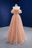 Pink Tulle Lace Strapless Prom Dress, Pink A Line Prom Prom Dress