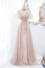 Pink Tulle Long A Line Prom Dress, Pink Short Sleeve Prom Prom Dress