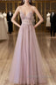 Pink Tulle Long A Line Prom Dresses Pink Spaghetti Prom Dresses With Beaded
