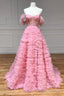 Pink Tulle Long A Line Prom Dress, Pink Sweetheart Neckline Prom Gowns
