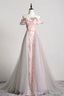 Pink Tulle Long A Line Prom Dress with Train, Off the Shoulder Formal Prom Dress