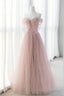 Pink Tulle Long A Line Prom Dresses, Pink Prom Dresses with Bow